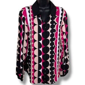 Medium Vince Camuto Colorful Mod Style Button Down Long Sleeve Pink Black Retro